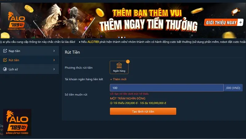 Giao diện nạp - rút tiền tại Alo789.ist